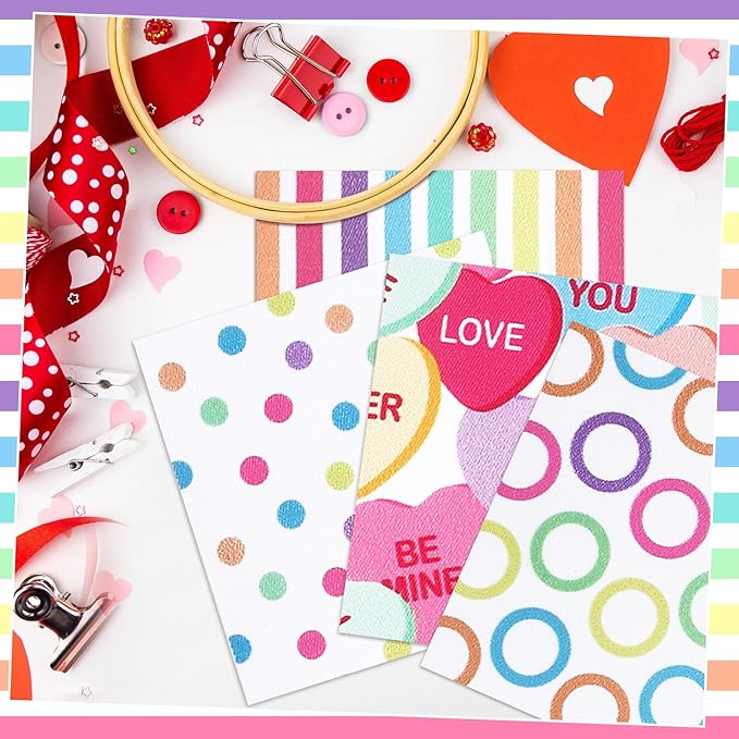 Ganeen 100 Pcs Valentines Conversation Heart Quilting Fabric Roll 2.56 Inch Fabric Squares Jelly Patchwork Precut Strips Bundles for Holiday Materials Craft DIY Sewing Cloths