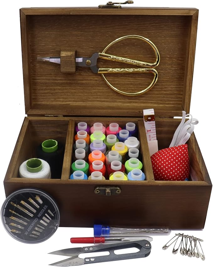Sewing Kit Box Basket, Wooden Hand Home Sewing Repair Tool Kit, Beginner Universal Sew Kit Accessories for Women, Men, Adults, Girls, Kids (Retro Eiffel Tower)