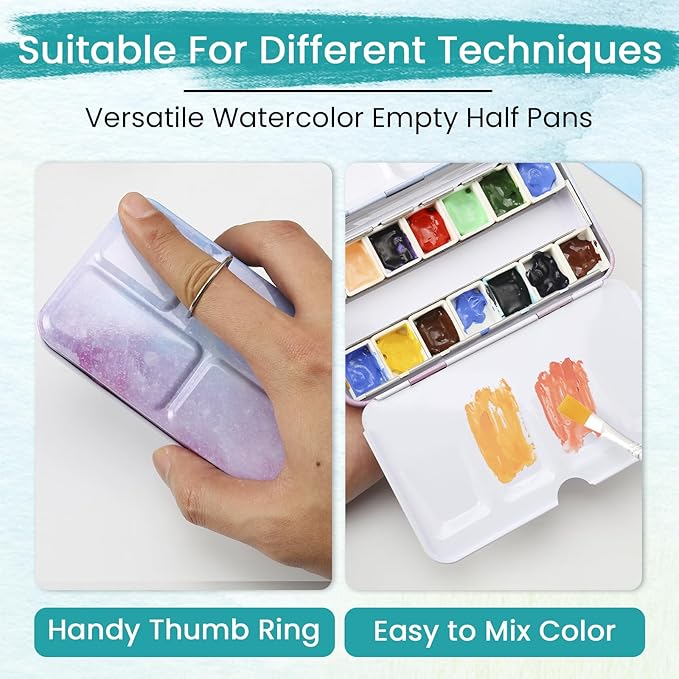 Watercolor Palette Empty with Paint Tray and 14PCS Watercolor Half Pans - Sturdy Empty Watercolor Palette Tin - Customizable Metal Watercolor Palettes
