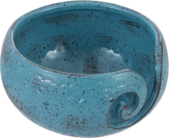 MyGift Turquoise Ceramic Tangle-Free Yarn Ball Bowl, Rustic Handcrafted Knitting Crochet Bowl with Cut Out Swirl