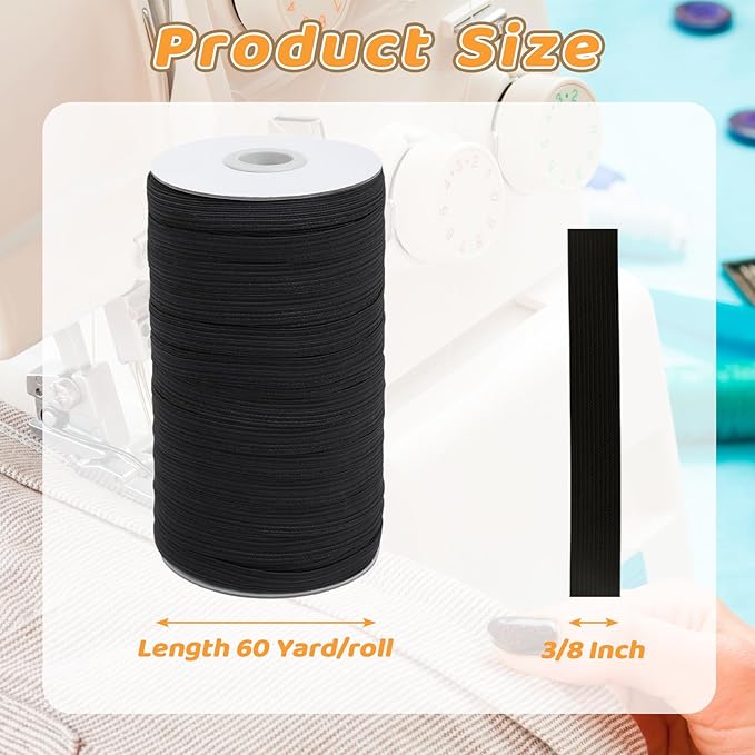 Coopay 60 Yards Length 3/8" Width Elastic Bands Flat Elastic Cord Rope Heavy Stretch Spool Knit for Sewing DIY Projects, Arts & Crafts (Black, 3/8 Inch)