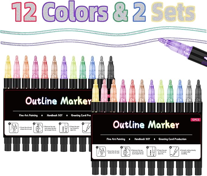 Outline Markers,12 Colors &2 Sets Shimmer Markers Set, Self Outline Metallic Outline Marker Pen Set for Art, Drawing, Doodling, Card Making, Greeting Cards, DIY Crafts