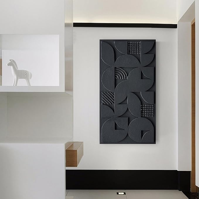 NANKAI Art 24x48 inches Hand-Painted Black Three-Dimensional Textured Abstract Contemporary Minimalist Style Canvas Oil Painting. Decorative Wall Painting for Home, Office or Corridor