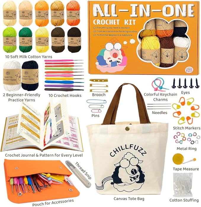 ChillFuzz Crochet Kit for Beginners 85 Piece Complete Crochet Set with Yarn, Hooks, Pattern Book – Beginner Crochet Kit for Adults & Kids with Tutorials, Great Christmas Gift for Craft Lovers Yellow