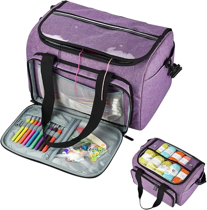 Weabetfu Large Crochet Bag Knitting Bags and Totes Organizer Huge Yarn Bag Storage for Crocheting Knitter,Crochet Hooks,Knitting Needles Kit,Supplies,Yarn - Ideal Crochet & Knitting Gift(Purple)