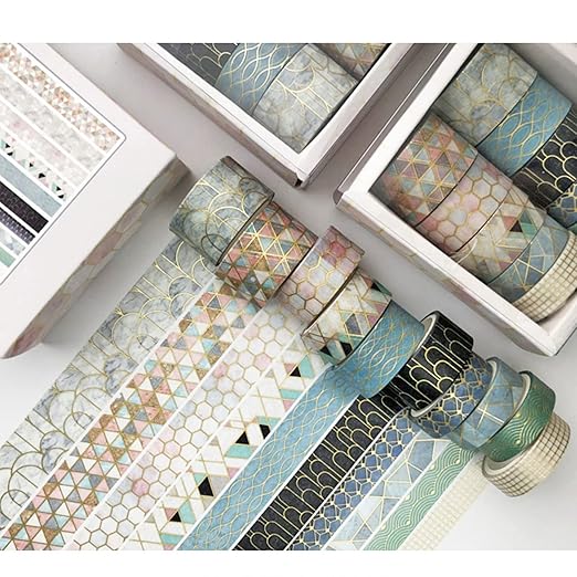YUBX Creative Washi Tape Set 10 Rolls Gold Foil Print Decorative Masking Tapes for Arts, DIY Crafts, Journals, Planners, Scrapbook, Wrapping (Geometric Order)