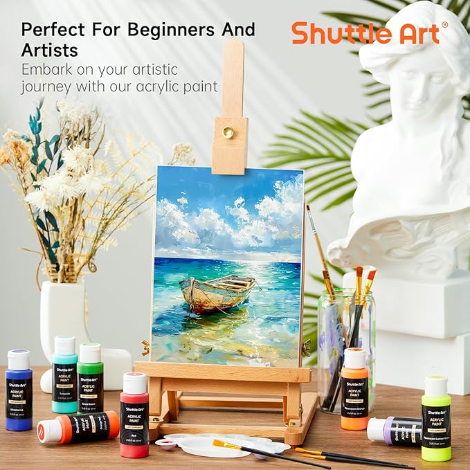 Shuttle Art Acrylic Paint Set, 36 Colors Acrylic Paint with Brushes & Palette, 2oz/60ml Bottles, Rich Pigments Non-toxic for Artists Kids & Adults, Painting on Canvas Rocks Ceramic Wood