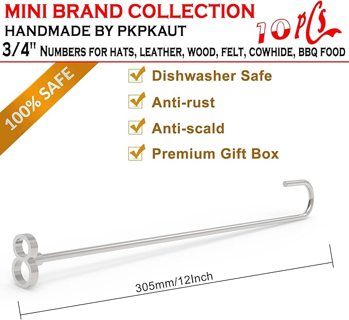 10Pcs Mini 3/4" Branding Irons, Number Custom Wood Branding Iron Personalized for Wood Working, Leather Hats, Felt, Cowhide, BBQ Brander & Bread Logo, Steak Branding Iron for Food
