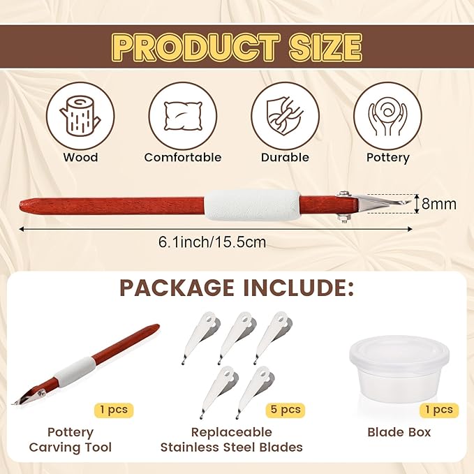 Lanties Pottery Carving Tools Set Include 5 Stainless Steel Blades & Red Pear Wood Handle, Sculpture Scraper Craft Modelling Tools for Clay, Ceramic Sculpting, Graffito, Relief Art(Fine Tip)