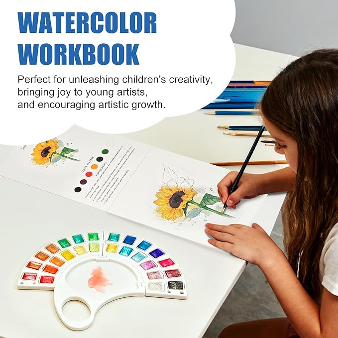 Watercolor Workbook, Water Coloring Book with 13 Pages 300GSM Paper, 26 Colors Watercolor Paint Set with Brush & Storage Bag, Beginner-Friendly Coloring Book for Adults - Flowers Theme Art Kit