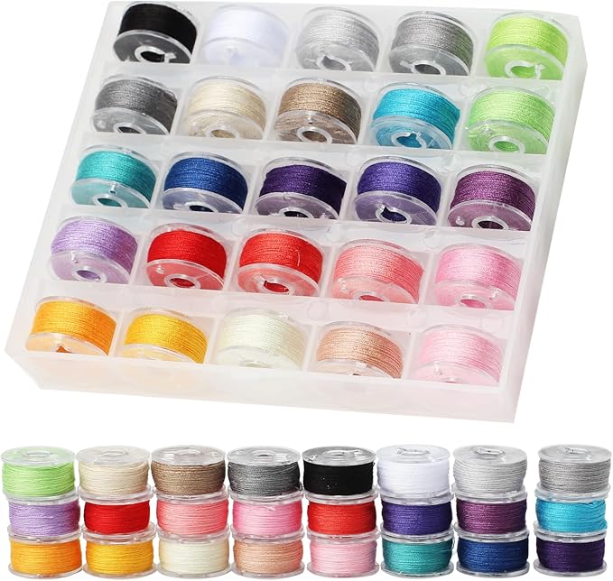 50Pcs Bobbins Sewing Threads Kit 25 Colors 500 Yards Sewing Polyester Thread Spools with 25Pcs Same Color Prewound Bobbins for Hand Sewing DIY Emergency Travel Sewing Machine Use