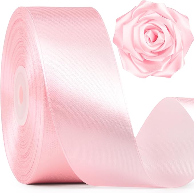 1-1/2 Inch Wide Baby Pink Satin Ribbon, 50 Yards Solid Polyester Fabric Ribbon for Roses Making, Gift Wrapping, Valentine's Day, Wedding Decorations, Crafts, Bows, Flower Bouquets