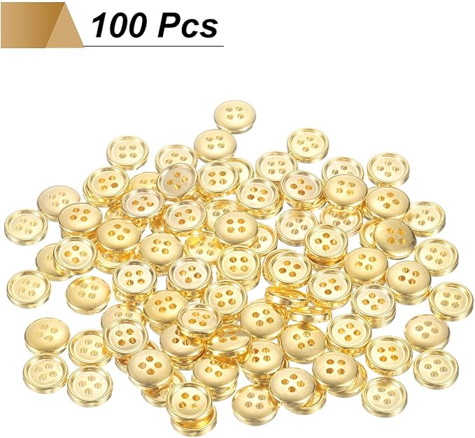 HARFINGTON 100pcs 18L Plastic Sewing Buttons 11.5mm 15/32" 4-Hole Round Replacement Craft Button for Coats Sewing Clothing and DIY, Gold