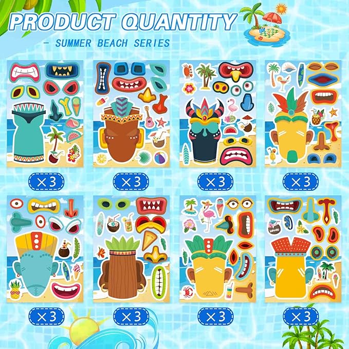 24 Sheets Tiki Make a Face Stickers, Tropical Hawaiian Stickers for Kids Summer Luau Party Favors Decoration