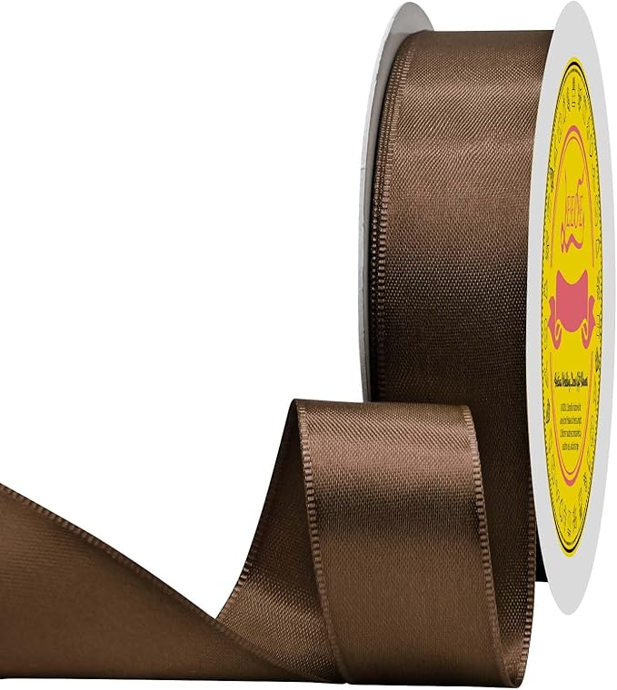 Brown Double Face Satin Ribbon 1 inch X 50 Yards Spool Bright Colors Very Suitable for Weddings Gift Package Wrapping Dancer Wand Sewing Party Hair Bow Invitation Decorations and More
