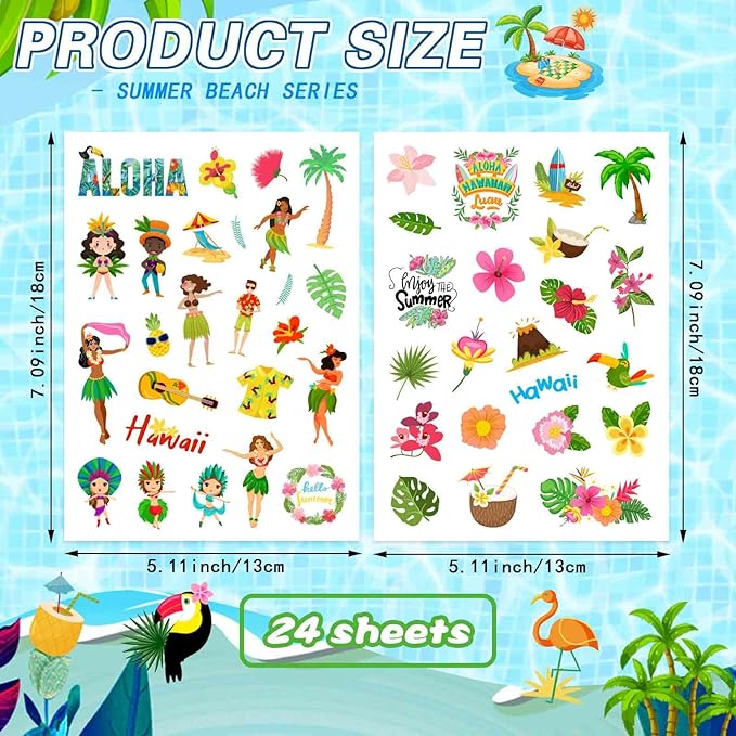 24 Sheets Summer Pool Beach Stickers Luau Hawaii Sun Stickers Sea Beach Watermelon Beer Ice Cream Pineapple Sticker for Hawaii Tropical Decoration Sticker Summer Holiday Party Favors