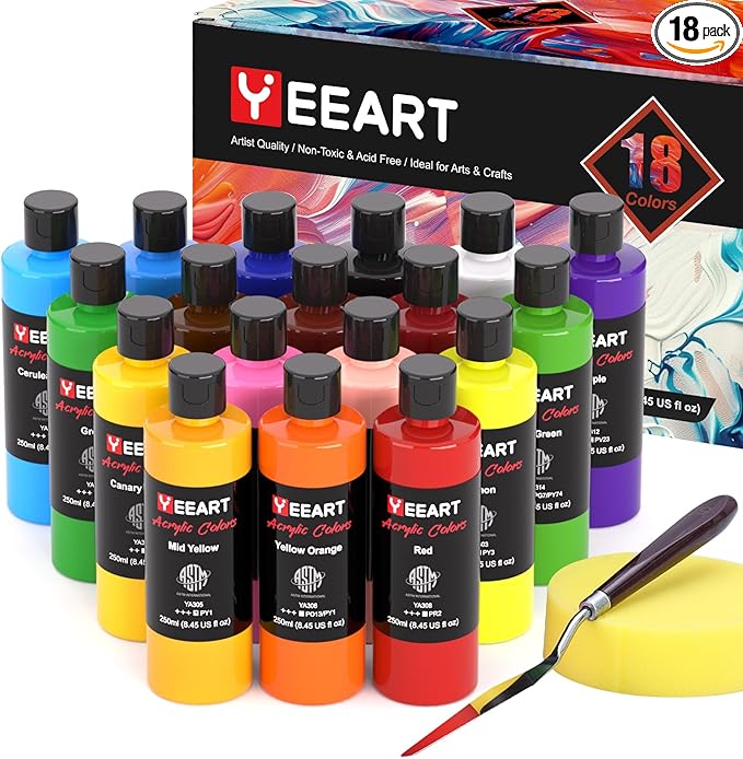 Acrylic Paint Set, 8.45oz 18 Colors Acrylic Paint Large Bottle Set, Rich Pigmented Canvas Paint, Premium Non-toxic Paints for Artists, Paint Set for Kids & Adults, Art Supplies for Canvas