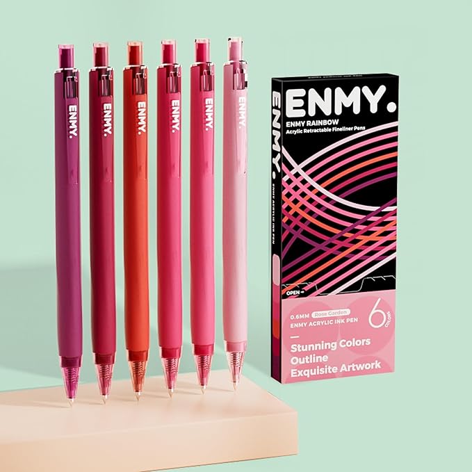 ENMY Acrylic Fineliner Pen, 6Pcs Aesthetic Colors 0.6mm Fine Point Retractable Markers, Colorful Drawing Pen for Journaling, Outlining, Sketch, Note-Taking, Smooth Art Pens for Adults & Kids