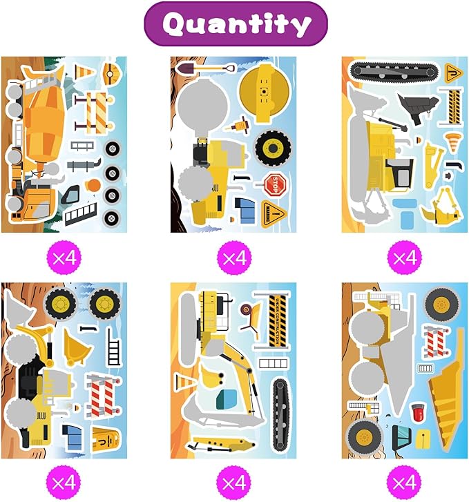24 Sheets Make Your Own Construction Vehicle Stickers for Kids Boys, Make-a-Face Engineering Vehicles Fire Trucks Excavator for Construction Themed Party Favors