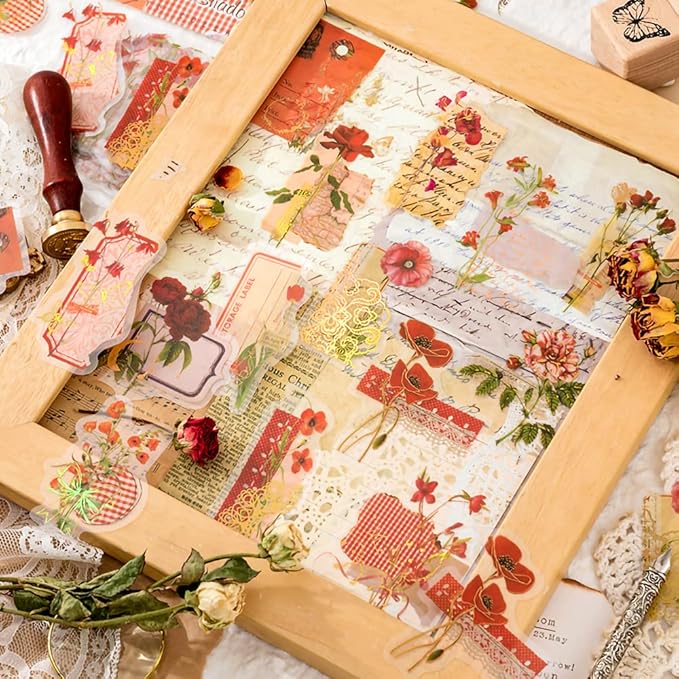180PCS Gold Foil Vintage Botanical Flower Scrapbook Stickers, Clear Wildflower Sticker Pack for Journaling, Planner, Craft Supplies, Gift Wrapping