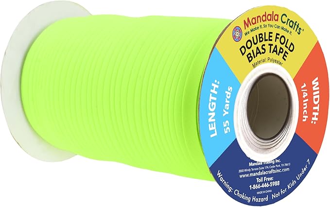Mandala Crafts 55 Yards 1/4 Inch Lime Green Double Fold Bias Tape for Sewing - Bias Binding Tape for Quilting Binding, Hemming, Seam, and Fabric Piping