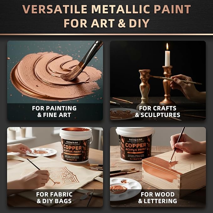 Falling in Art Copper Metallic Acrylic Paint, 33.8 Oz Heavy Body Copper Leaf Paint, Non-Toxic Art Paints for Metal, Furniture, Canvas, and DIY Crafts