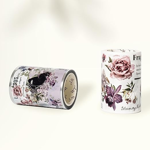 WT Pre-Cut Violet Veil Wide PET Tape, Single Roll, Soft Lilac Blossoms & Misty Backgrounds with Elegant Script, Transparent Decorative Tape for Journaling, Scrapbooking, Planner, DIY Crafts, 65mm x 5m