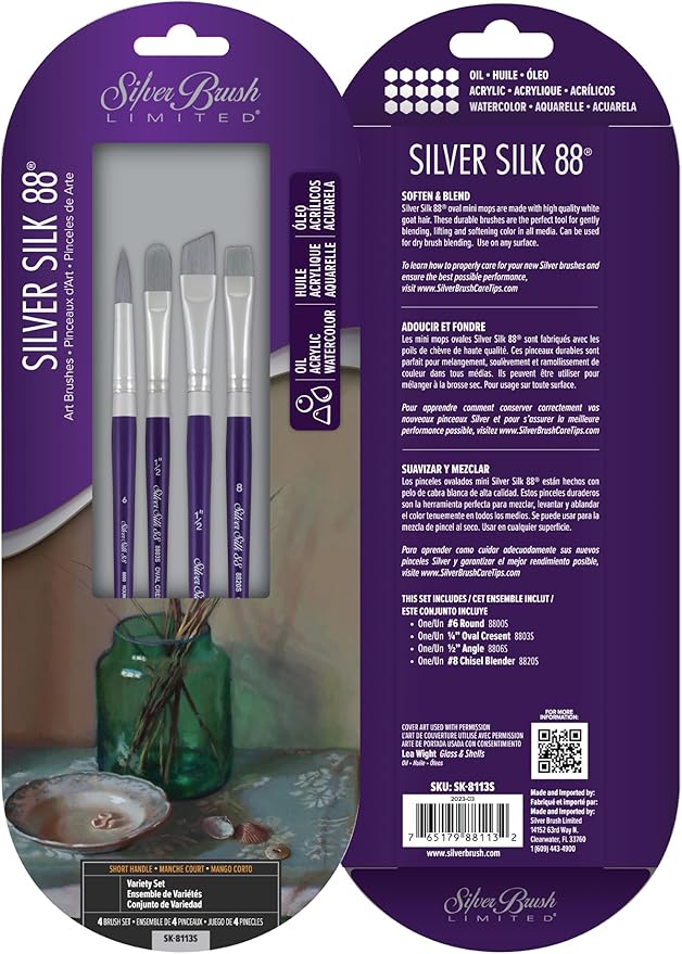 Silver Brush Limited SK-8113S Silver Silk 88 Variety Set, 4pc Short Handle Premium Paintbrushes for Acrylic, Watercolor, Gouache, Inks, & Dyes, Round, Oval Cresent, Angle, and Chisel Blender Brushes