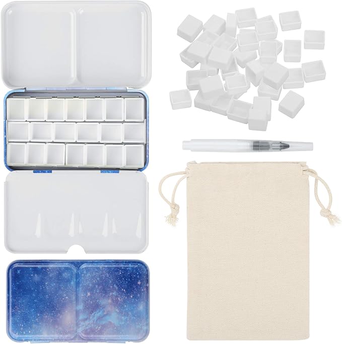 PEVART Watercolor Tin Palette, Metal Empty Paint Case with 50 PCS Empty Half Pans and a Water Color Pen Suitable for DIY Travel Watercolor Palette, Acrylic and Oil Painting