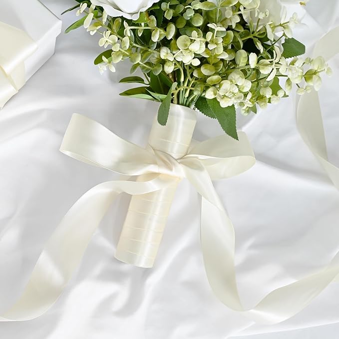 Double Face Ivory Satin Ribbon 1-1/2 inch X 50 Yards Polyester Ivory Ribbon for Gift Wrapping Very Suitable for Weddings Party Hair Bow Invitation Decorations and More