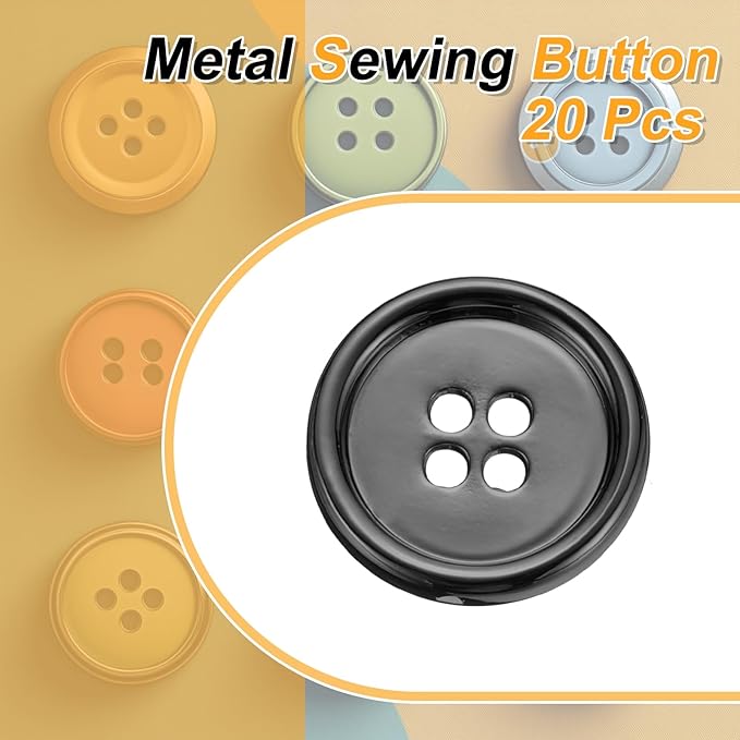 HARFINGTON 20pcs Metal Sewing Button, 20mm 4-Hole Round Suit Shirts Coats Clothes Sewing Buttons for Decoration Craft, Gunmetal