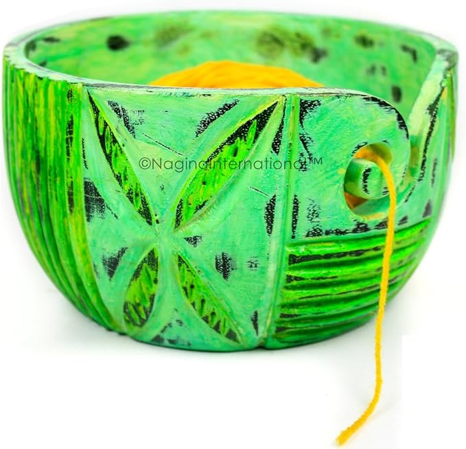 Nagina International Exquisite Premium Yarn Ball Storage Bowls | Hand Painted Lovely Decor Yet Functional Yarn Dispenser (Large (7 x 4 x 7 Inches), Algae Green)