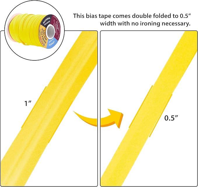 Mandala Crafts 55 Yards 1/2 Inch Yellow Double Fold Bias Tape for Sewing - Bias Binding Tape for Quilting Binding, Hemming, Seam, and Fabric Piping