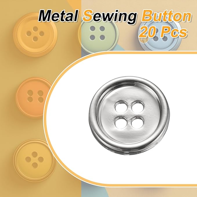 HARFINGTON 20pcs Metal Sewing Button, 15mm 4-Hole Round Suit Shirts Coats Clothes Sewing Buttons for Decoration Craft, Silver