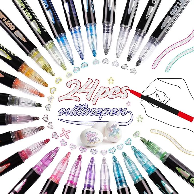 RIANCY Outline Metallic Markers Super Squiggles Markers 24 Colors Self Double Line Pen Outline Shimmer Pens for Art Drawing Christmas Greeting Cards Scrapbook Crafts Ceramic Glass Christmas Decor