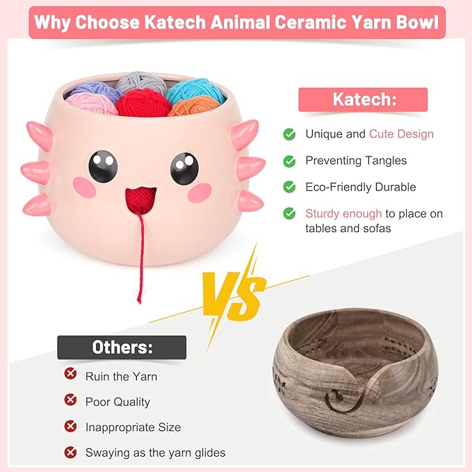 Katech Axolotl Yarn Bowl for Knitting, Yarn Holder for Crocheting, Extra Large Cute Crochet Bowls Wool Storage for Knitter & Crocheter Tangle-Free Crafting, Gifts for Crocheters Knitter