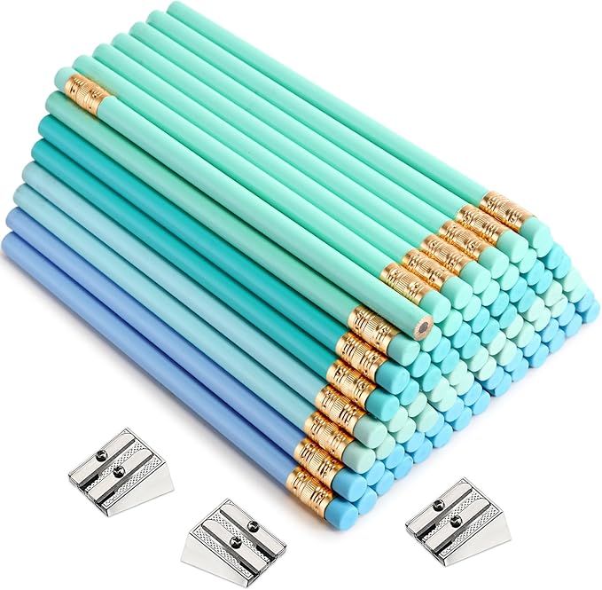 Fainne 102 Pcs Bulk Thick Jumbo Graphite Pencils Set 96 Fat Giant Large Pencils and 6 Sharpeners Enhanced Grip for Art Drafting Writing Drawing Office and Home Use(Teal, Blue,Round)