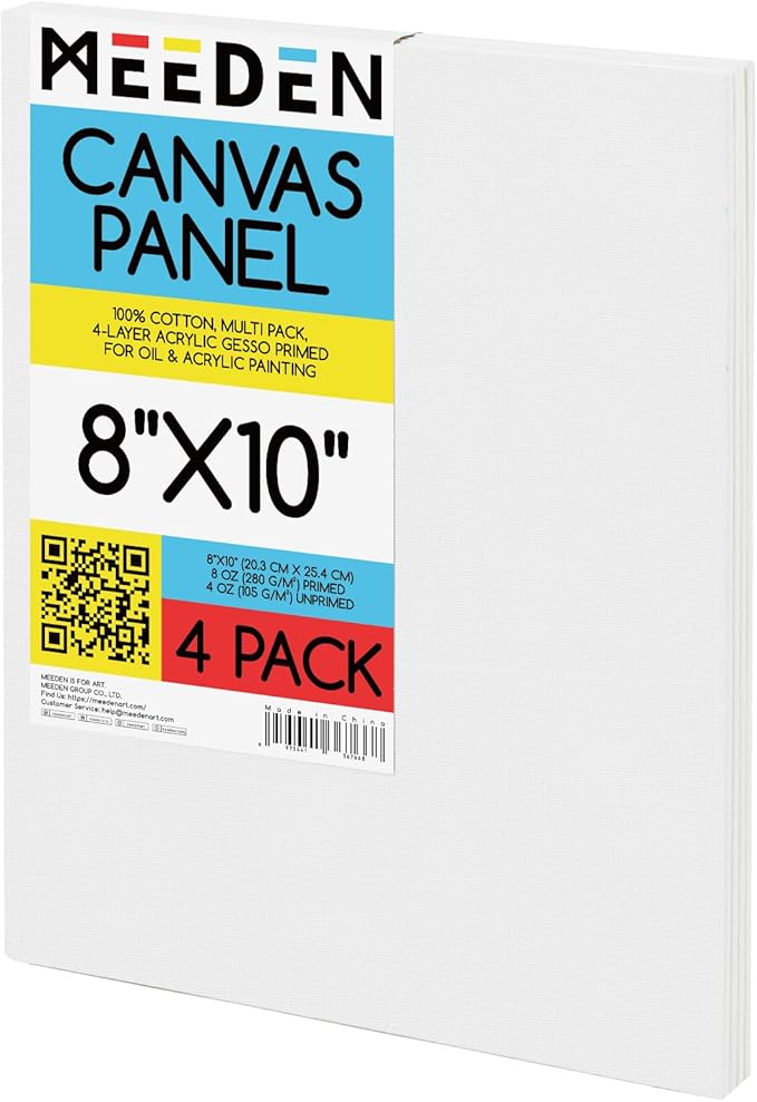 MEEDEN 4-Pack 100% Cotton Canvas Boards for Painting - 8x10'' Blank Canvas Panels for Oil & Acrylic Painting, Ready to Paint Art Supplies for Professional Artists, Students