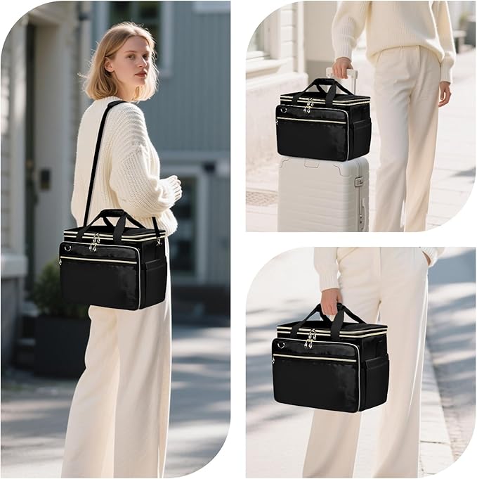 Anitor Large Crochet Bag Knitting Bag Yarn Storage Tote, Yarn Bag with Clear Top Lid, Unfinished Project Compartment, 6 Yarn Holes. Holds Knitting Needles, Crochet Hooks, Yarn, Black, (Bag Only)