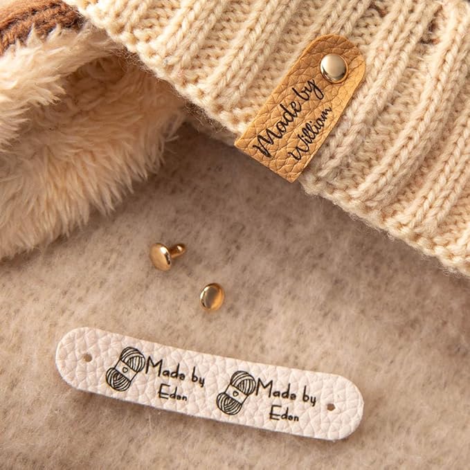 callie Personalized 10-100Pcs Leather Tags with Rivets - Custom Name & 22 Pattern, Made with Love Labels for Hats Beanies Scarves, Gifts for Knitting Sewing Crafting Lovers