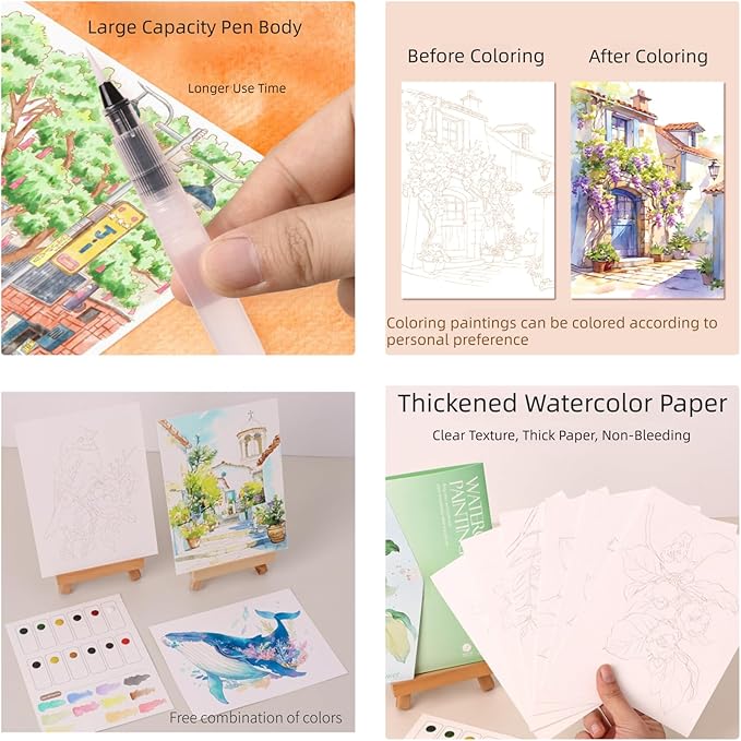 Watercolor Painting Set for Beginners Alley House Pattern Adult Art Coloring 6 Sheets with Paint Brush