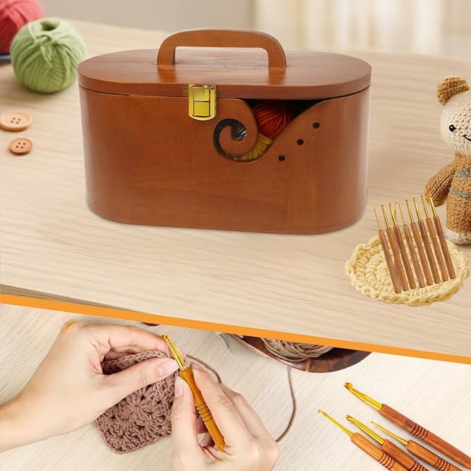 Portable Oval Wooden Yarn Bowl - with Lid, Lock & Handle, 9 Knitting Hooks Set, Perfect Organizer for Threads & Knitting Supplies