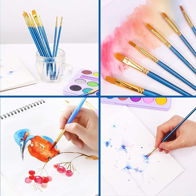 Acrylic Paint Brush Set, 5 Packs / 50 pcs Nylon Hair Brushes for All Purpose Oil Watercolor Painting Artist Professional Kits