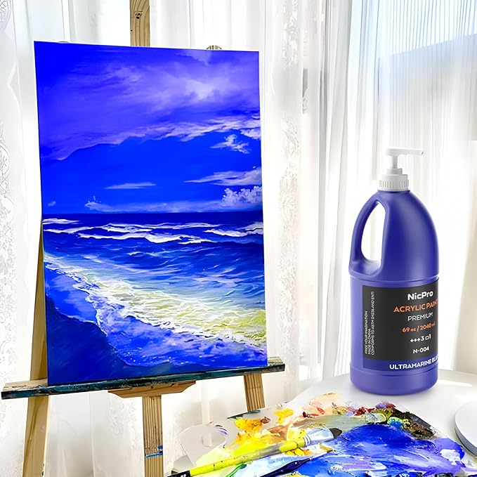 Nicpro Ultramarine Blue Large Acrylic Paint Set (69 oz, 2040 ml) Rich Art Painting Supplies Non Toxic for Multi Surface, Canvas, Wood, Leather, Fabric Stone Craft, for Beginner & Artist with Pump