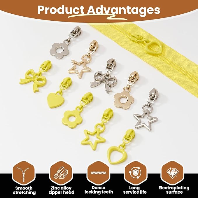 Mylbeter #3 Nylon Coil Zippers by The Yards Yellow Bulk Zippers 10 Yards with 40PCS Sliders Continuous Zipper Tape for DIY Bag Clothing Sewing Crafts Gold Pull Sliver Slider Zipper for Bags and Purses