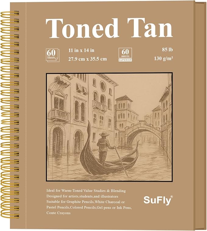 SuFly Toned Paper Sketch Book, 11x14 Inches, 60 Sheets - 90lb/150gsm Toned Tan Paper for Mixed Media, Charcoal, Graphite, Colored Pencils & White Gel Pens, 100% Recycled, Wire-O Bound.