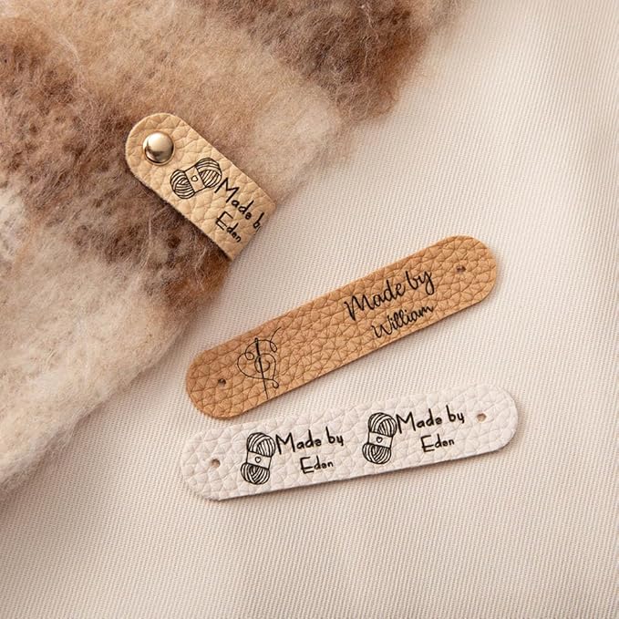 callie Personalized 10-100Pcs Leather Tags with Rivets - Custom Name & 22 Pattern, Made with Love Labels for Hats Beanies Scarves, Gifts for Knitting Sewing Crafting Lovers