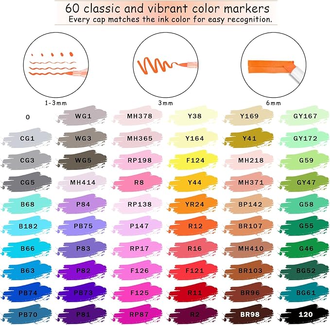 Brush Tip Alcohol Markers for Adults Artists, 60 Animation Color Dual Tips Art Mark Pen Set, Permanent Drawing Professional Marker Christmas