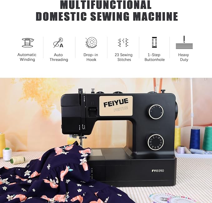 FEIYUE FYe390 Sewing Machine, Energy Saving Servo Motor, Heavy Duty & Portable, 23 Built-in Stitches, Multiple Needle Positions, 6 Bobbins & 5 Included Sewing Feet