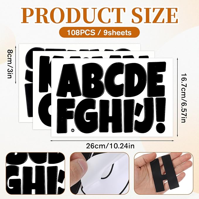 9 Sheet Black 3inch Letter Stickers, Self Adhesive Alphabet Sticker Sheet for Scrapbooking, Cute Vinyl Stick on Letters for Mailbox Craft Poster Bin Decor